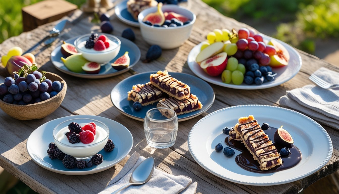Different serving suggestions for fig bars displayed on a picnic table.