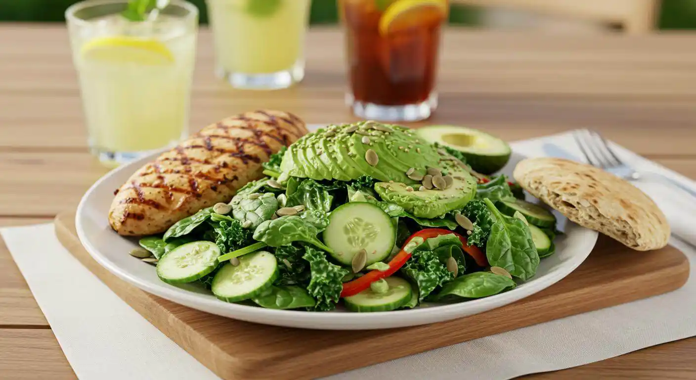 Green goddess salad served with grilled chicken and whole grain pita on a dining table.