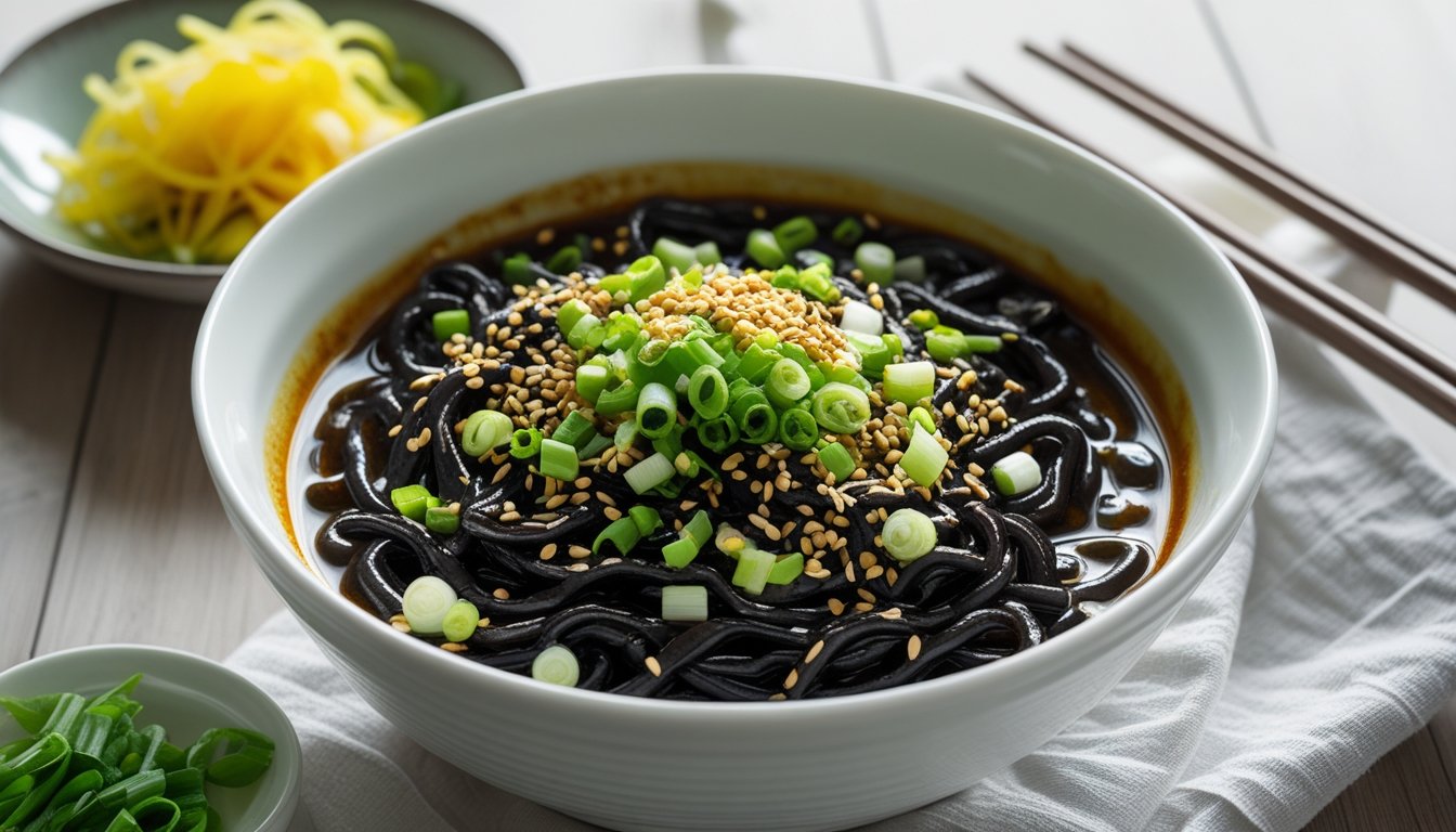 A bowl of Jajangmyeon served with toppings and sides.