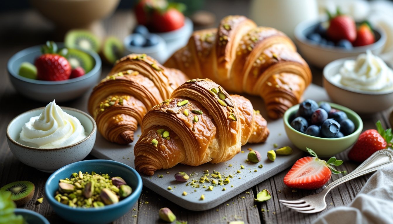 Pistachio Croissants served with whipped cream and fresh fruit.