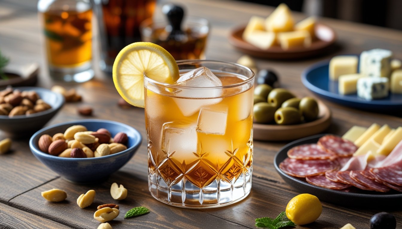 Serving suggestions for a Sazerac cocktail, including garnishes and food pairings.