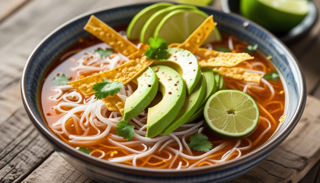 A beautifully garnished bowl of sopa de fideo ready to serve.
