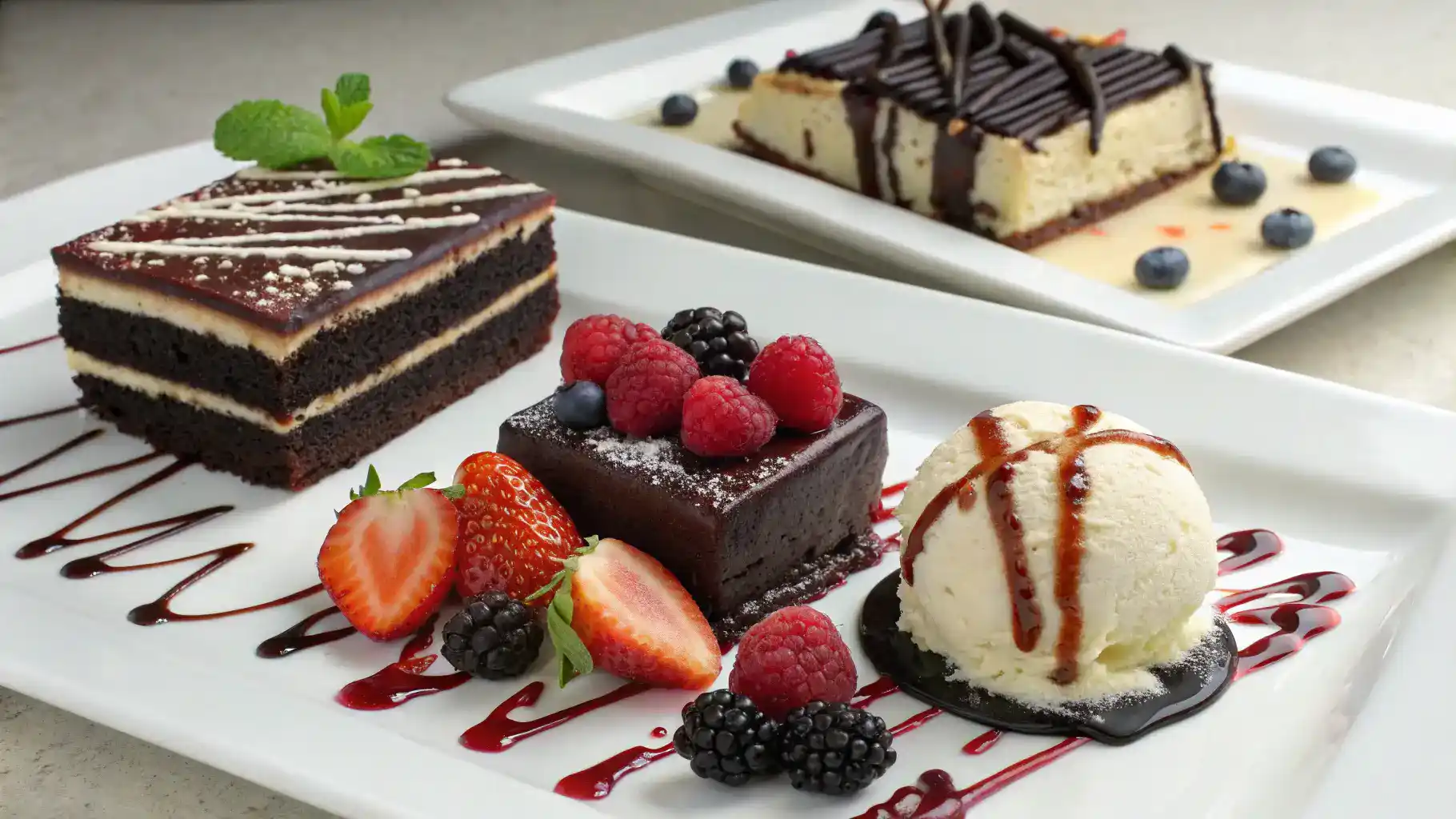 Serving suggestions for tuxedo cake, including fresh berries, ice cream, and chocolate sauce.