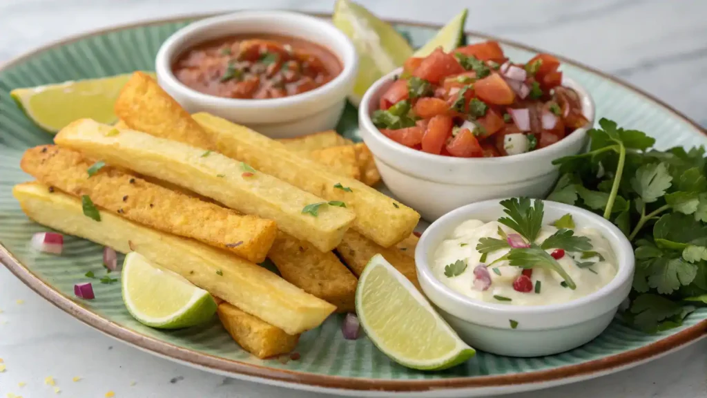 Yuca fries served with toppings and dips on a rustic table.
