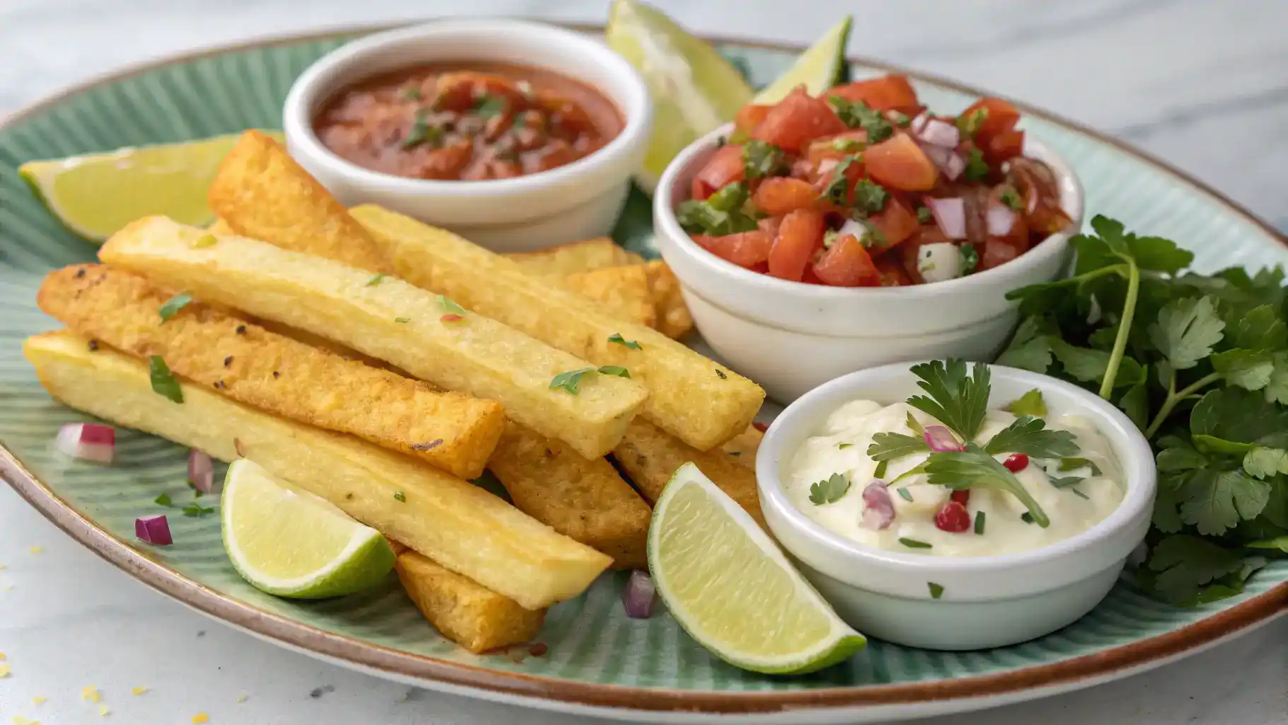 Yuca fries served with toppings and dips on a rustic table.