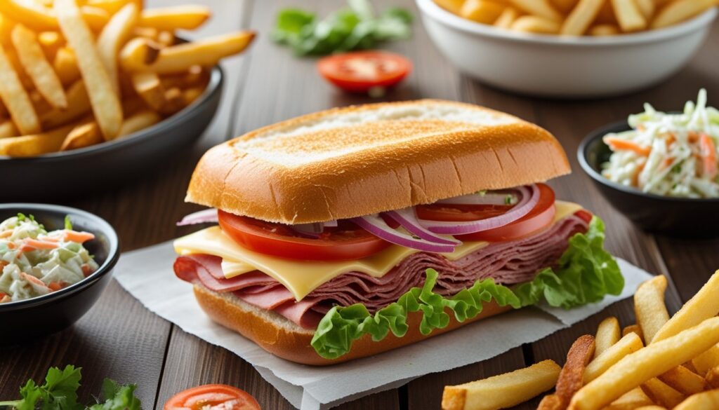 Serving suggestions for a grinder sandwich with sides like fries and coleslaw.