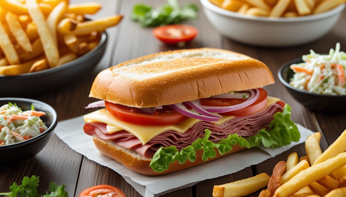 Serving suggestions for a grinder sandwich with sides like fries and coleslaw.
