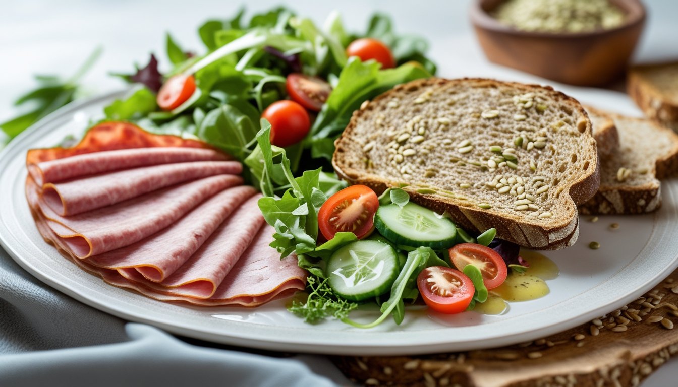 A delicious plate of food with Boar's Head alternatives, salad, and bread.