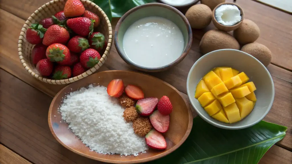 Ingredients for making Asian desserts displayed on a wooden table.
