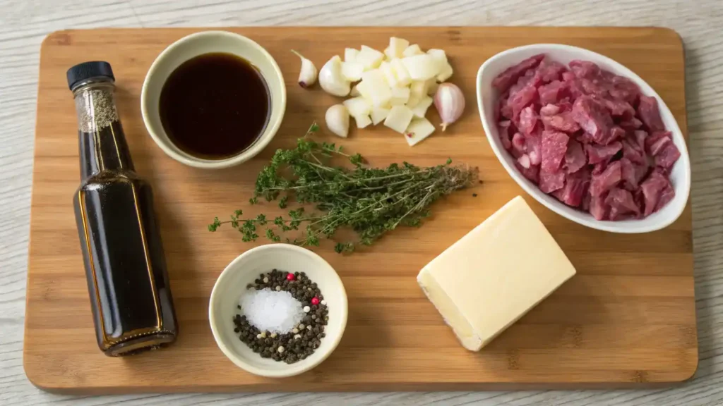 Ingredients for Bordelaise sauce displayed on a wooden cutting board.