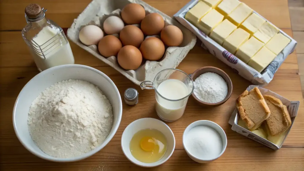 Ingredients for brioche buns including flour, yeast, sugar, and eggs displayed on a wooden surface.