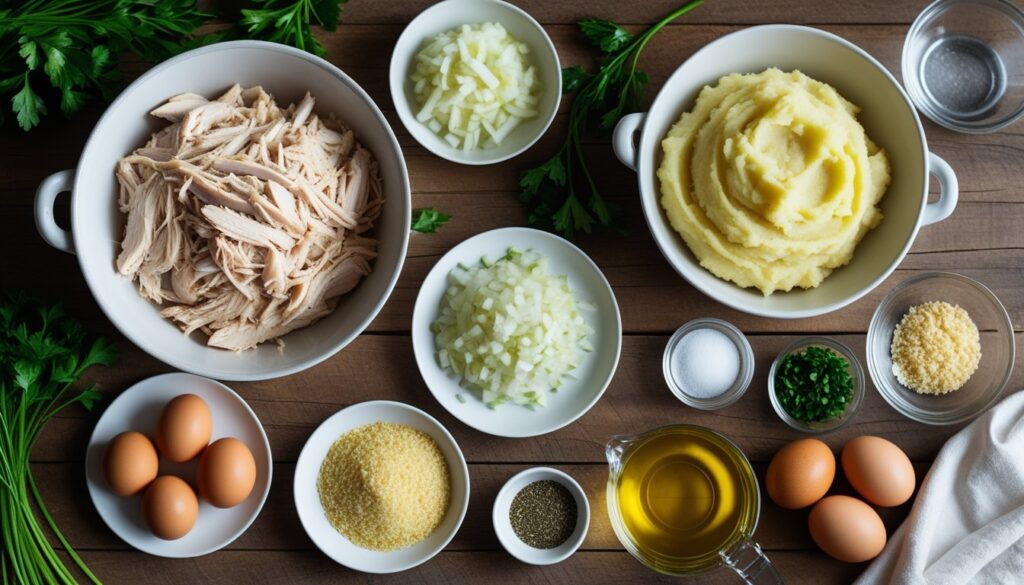 Ingredients for Chicken Croquettes displayed on a wooden kitchen counter.