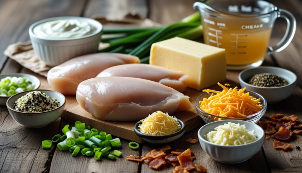 Ingredients for crack chicken recipe displayed on a wooden kitchen counter.