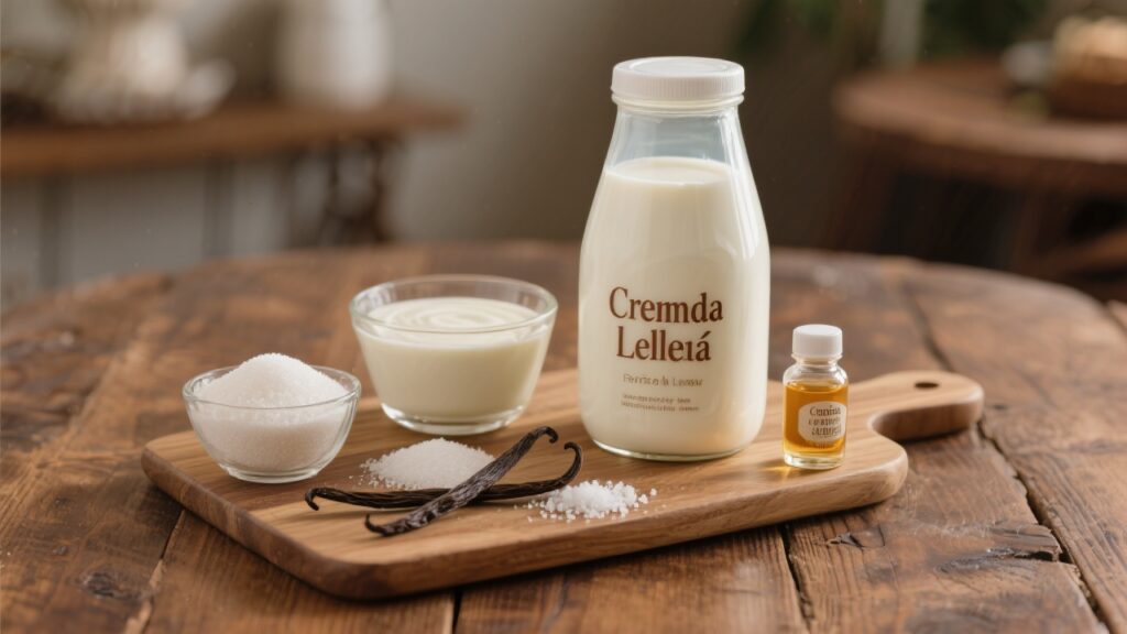 Ingredients for making crema de leche displayed on a wooden table.