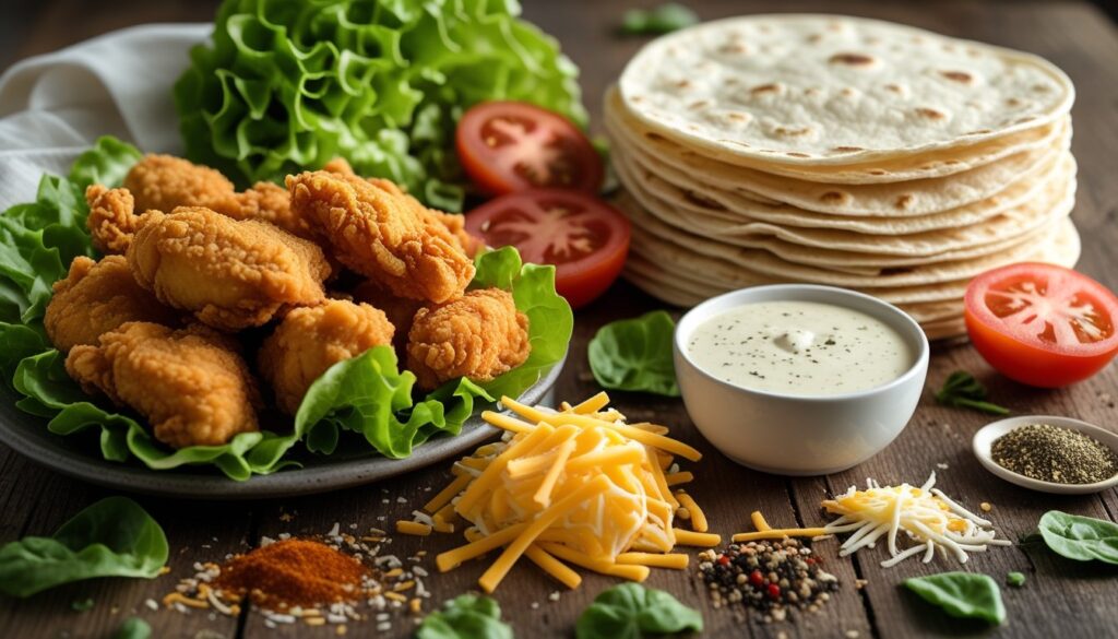 Ingredients for crispy chicken wraps displayed on a wooden table.