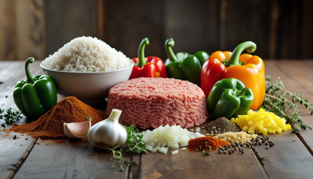 Ingredients for dirty rice laid out on a wooden countertop.