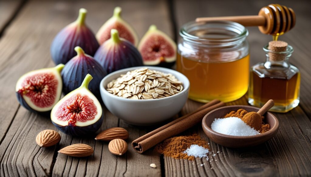 Ingredients for fig bars displayed on a wooden table.