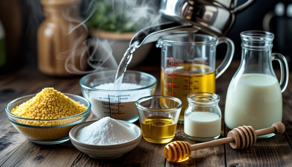 Ingredients for hot water cornbread displayed on a kitchen counter.