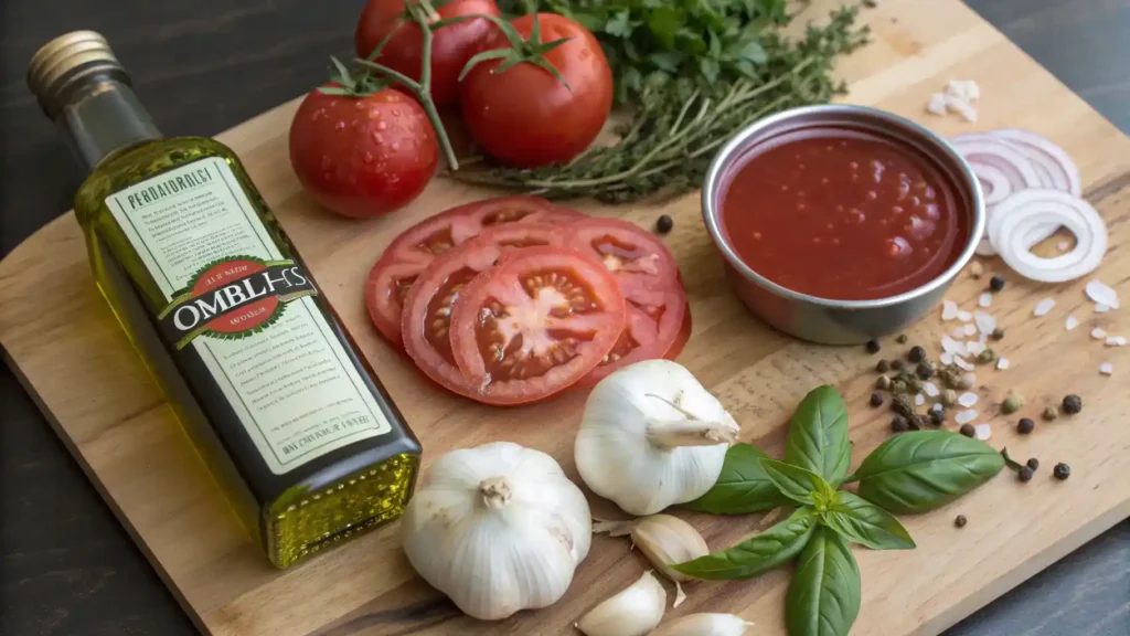 Ingredients for marinara sauce displayed on a wooden countertop.