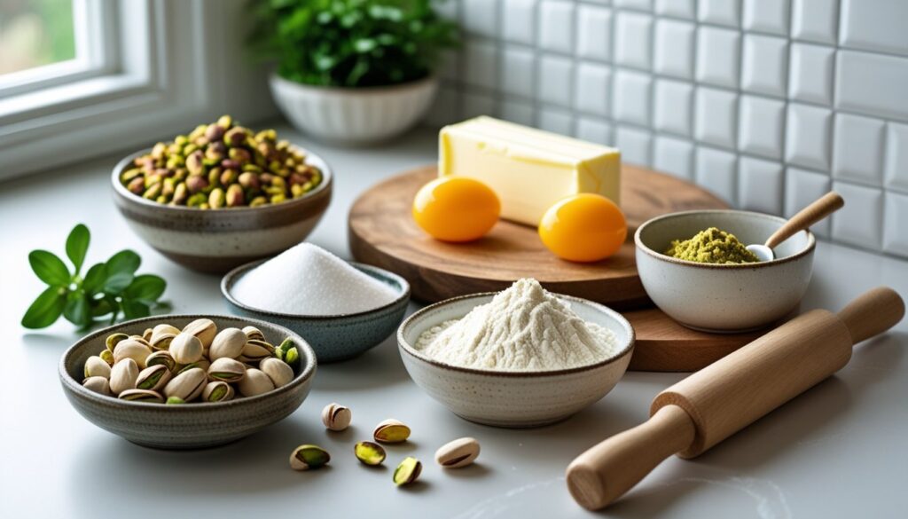 Ingredients for Pistachio Croissants including puff pastry, pistachios, butter, and sugar.