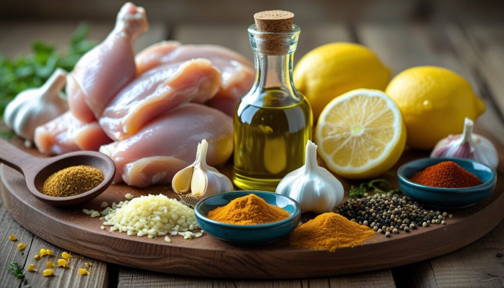 Ingredients for pollo asado displayed on a wooden surface.