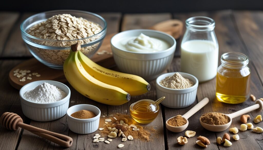 Ingredients for protein muffins displayed on a wooden table, including oats, protein powder, bananas, Greek yogurt, almond milk, and more.