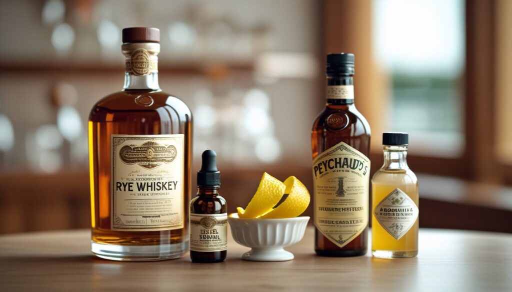 Ingredients for a Sazerac cocktail including rye whiskey, simple syrup, Peychaud's bitters, absinthe substitute, and fresh lemon peel.