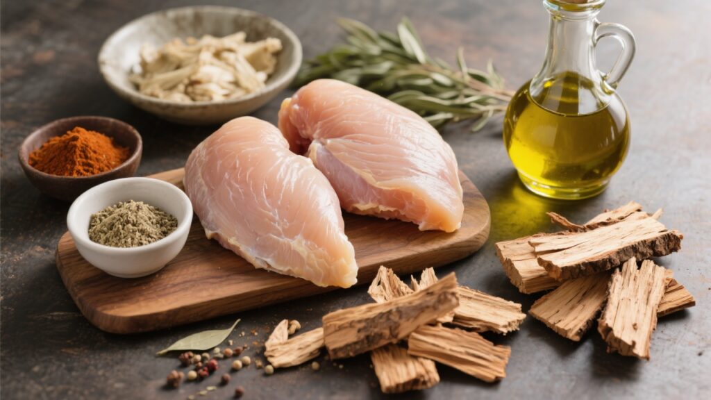 Ingredients for smoked chicken breast including chicken breasts, olive oil, and various spices.