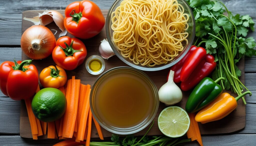 Ingredients for sopa de fideo including fideo noodles, chicken broth, and fresh vegetables.