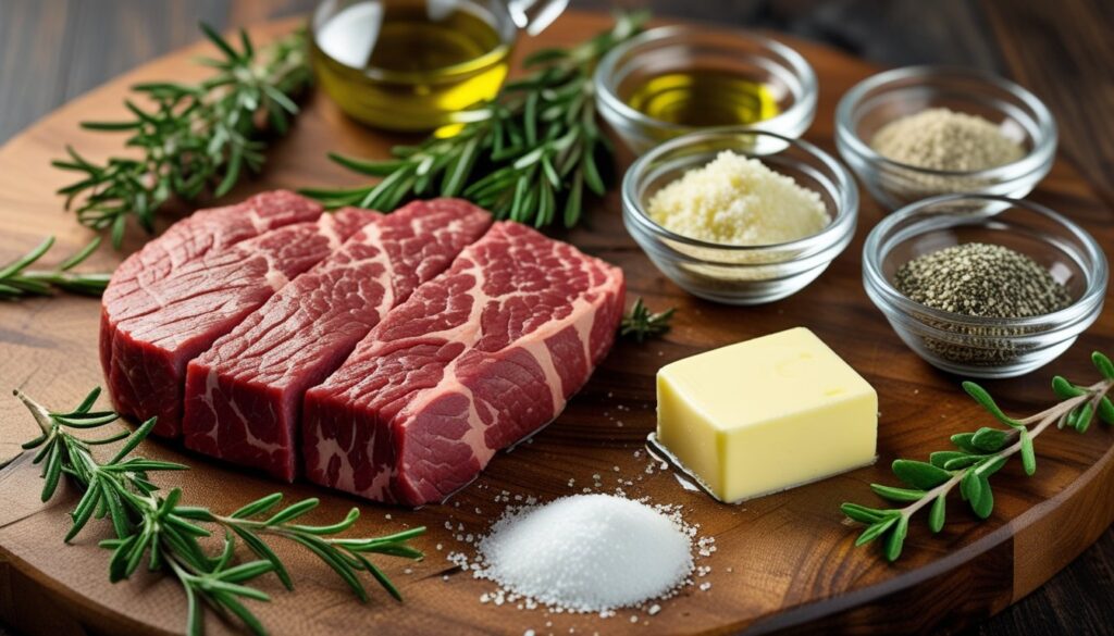 Ingredients for Steak Bites displayed on a wooden cutting board.