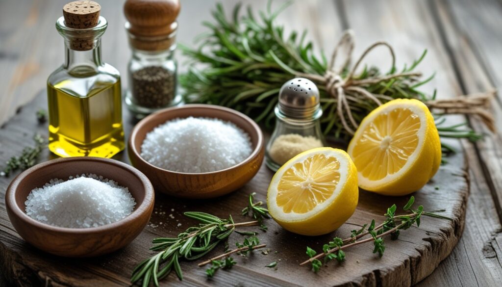 Ingredients for tomahawk steak including olive oil, salt, black pepper, garlic powder, fresh herbs, and lemon juice.