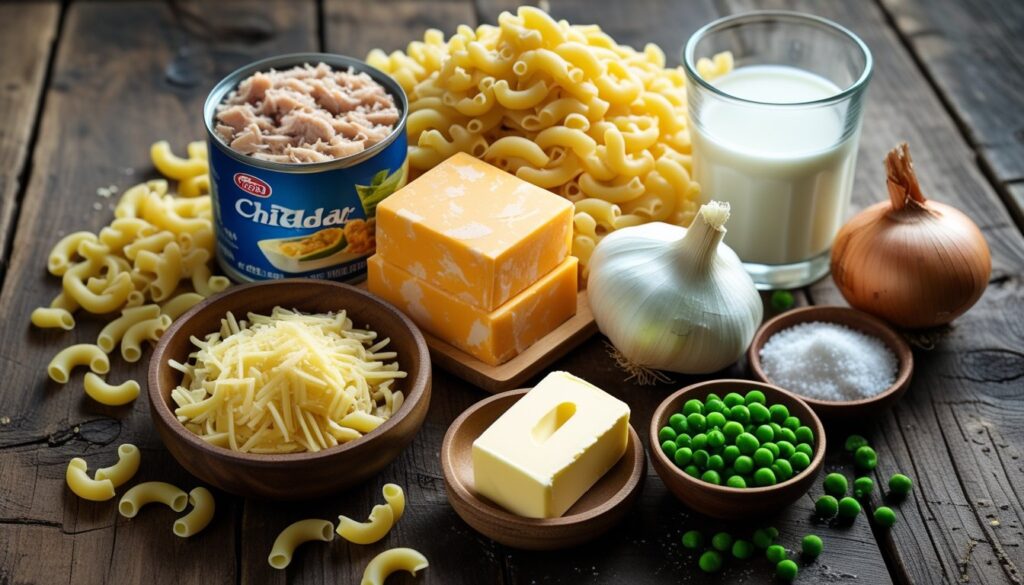Ingredients for Tuna Helper displayed on a wooden table.