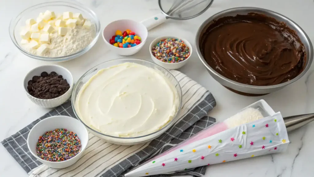 Ingredients for tuxedo cake including flour, cocoa powder, eggs, and more, arranged on a kitchen counter.