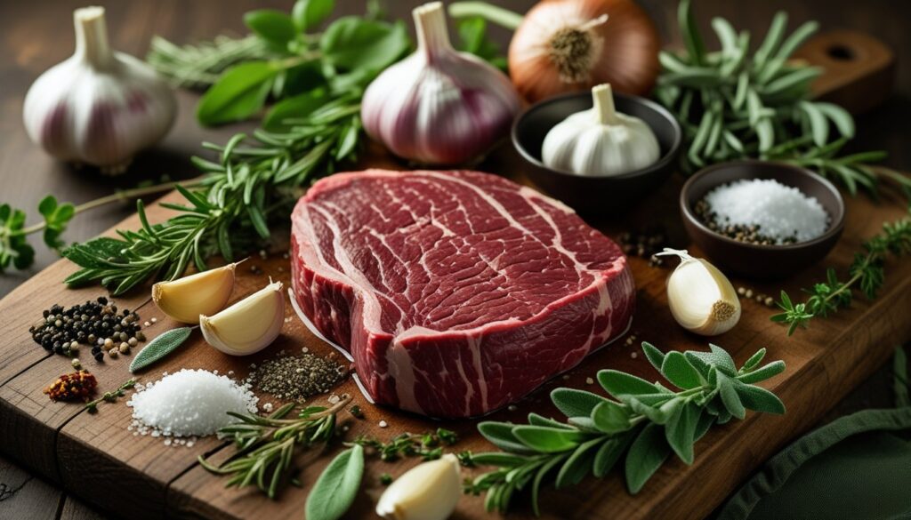 Ingredients for venison recipes displayed on a cutting board.