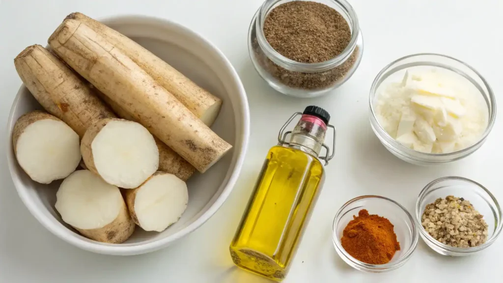 Ingredients for yuca fries displayed on a wooden table.