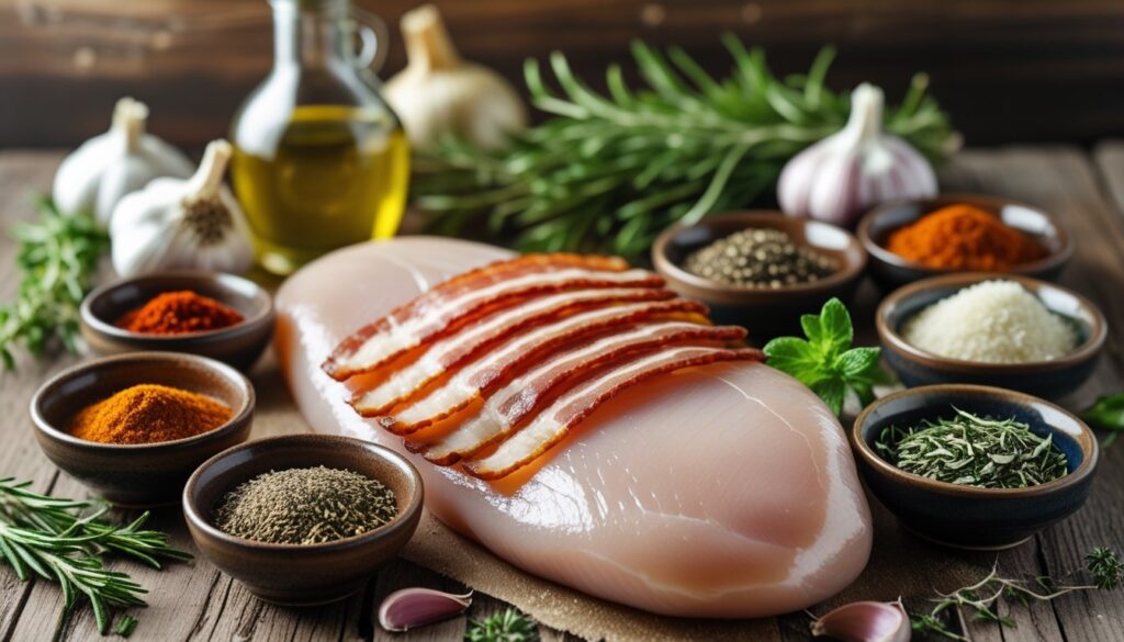 Ingredients for a healthy recipe including chicken breast, turkey bacon, and spices.