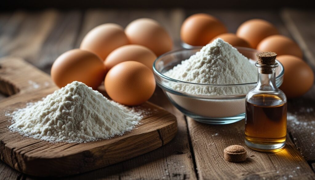 Ingredients for магдаленас displayed on a rustic wooden table.