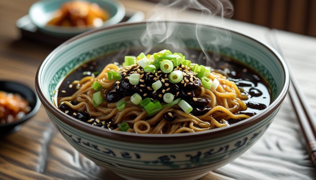 A steaming bowl of Jajangmyeon garnished with green onions and sesame seeds.