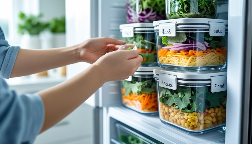 Storing leftovers in airtight containers in a refrigerator.