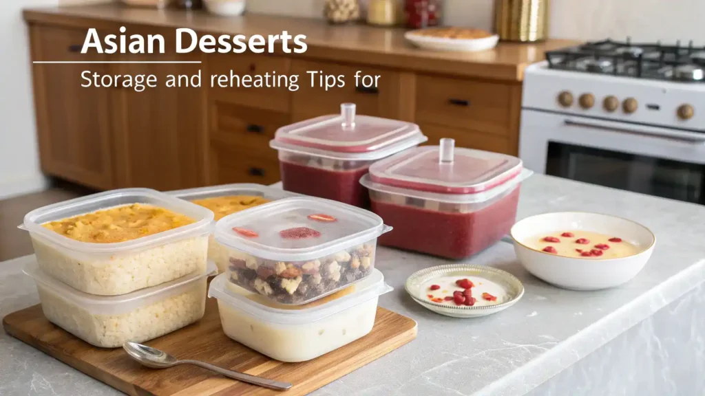 Storage and reheating tips for Asian desserts in a cozy kitchen.