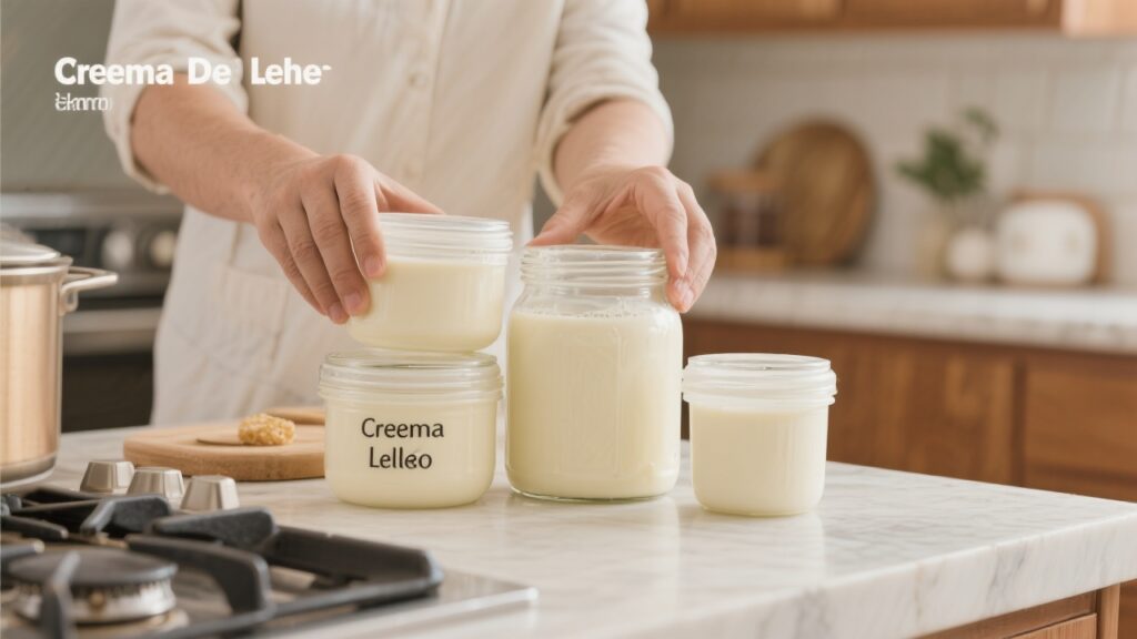 Storage tips for crema de leche in a kitchen.