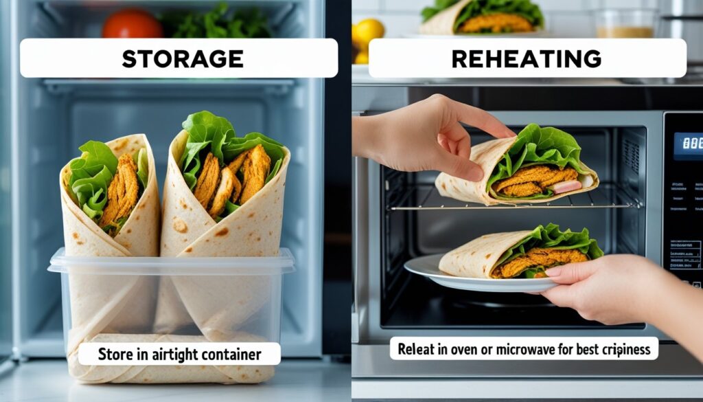 Storage and reheating tips for crispy chicken wraps.