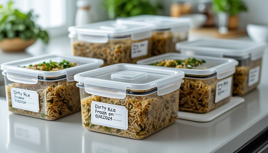 Airtight containers of dirty rice for storage.