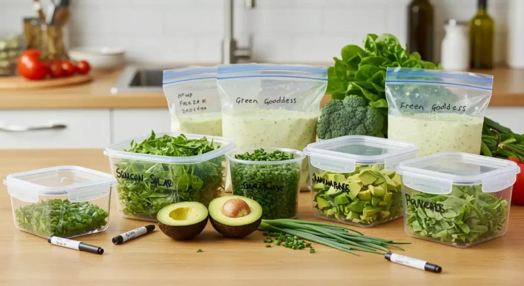 Storage tips for green goddess salad with airtight containers and freezer bags.