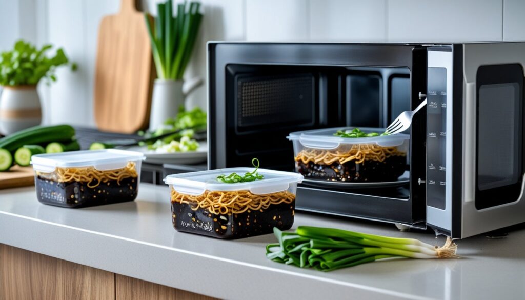 Containers for storing Jajangmyeon leftovers in a kitchen.