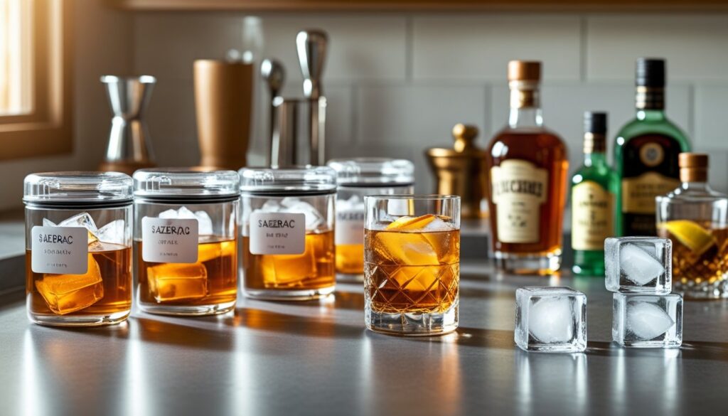 Storing and making ahead a Sazerac cocktail, with airtight containers and ice cube trays.