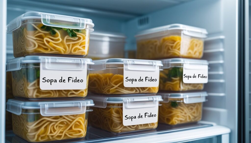 Leftover sopa de fideo stored in airtight containers.