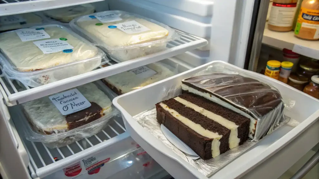 Storage tips for tuxedo cake, including wrapped slices and a whole cake in the freezer.