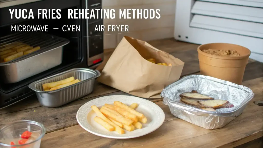Storage and reheating instructions for yuca fries displayed on a kitchen counter.