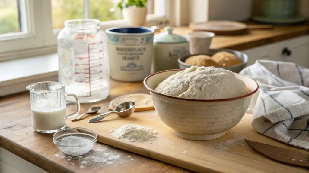 A step-by-step process of making a recipe using sourdough discard, with ingredients displayed.